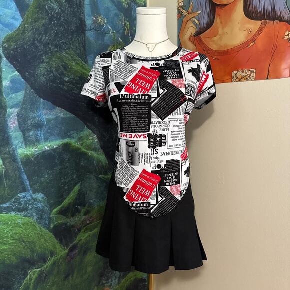 y2k newspaper print fitted graphic top curved hem streetwear - Picture 1 of 5